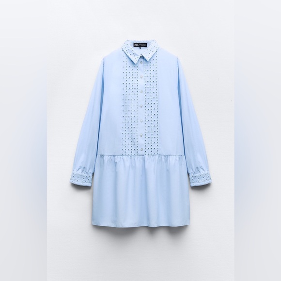 Zara Dresses & Skirts - ZARA Openwork Embroidered Light Blue Mini Dress Long Sleeve Women’s Size Small